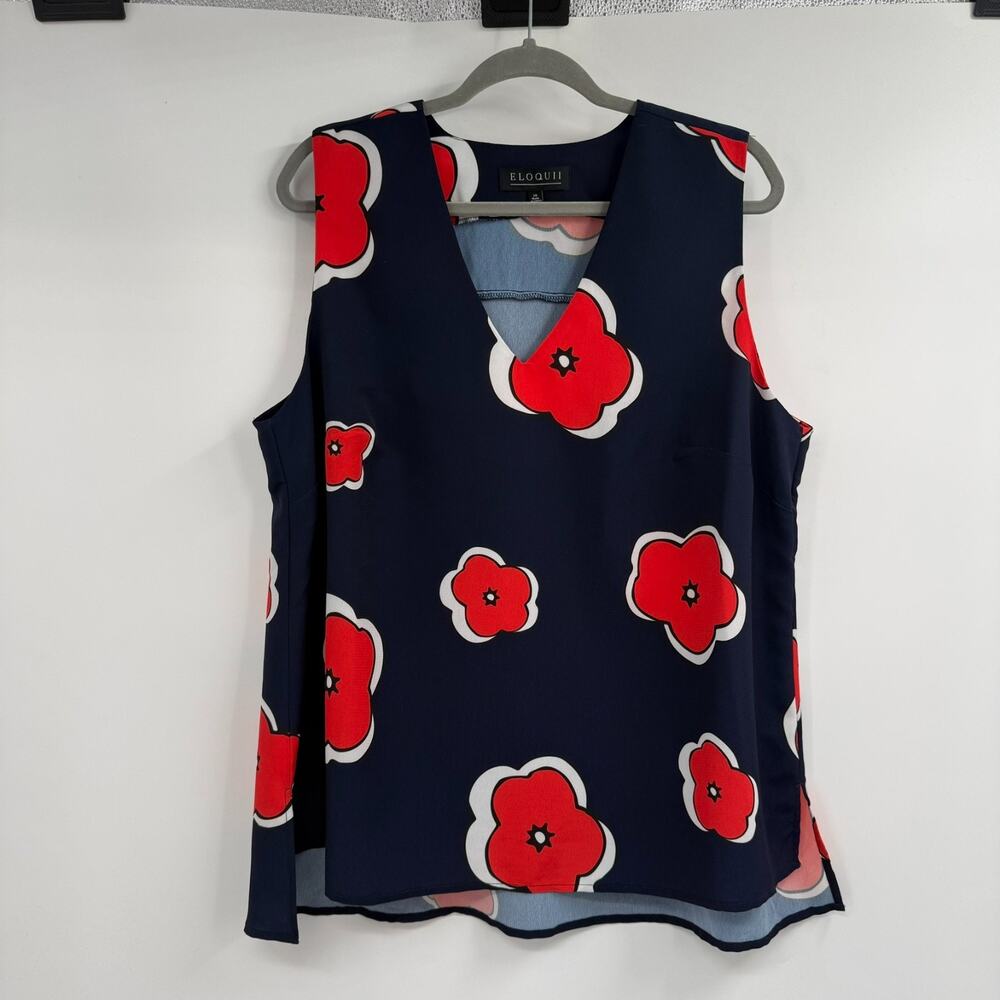 Eloquii Poppy Floral Blouse Size 18 Blue Red V-Neck Sleeveless High Low Hem Slit